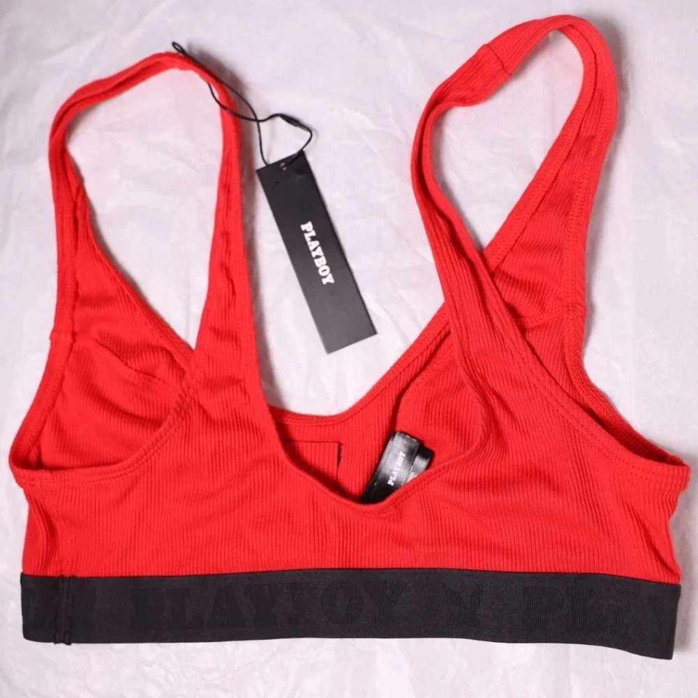 🅽🅴🆆 𝐏𝐋𝐀𝐘𝐁𝐎𝐘 Essentials Rib Scoop Neck Bra, red bralette, size Small